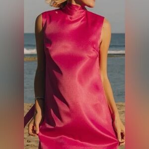 Daily Drills Bright Pink Sleeveless Satin Shift Dress